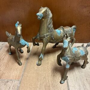 Set of Decorative Brass Horses with Blue Accents